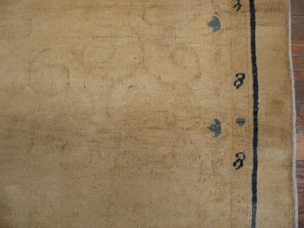 Tan low-pile rug on wood floor showing a thick dark blue vertical line and scattered motifs.