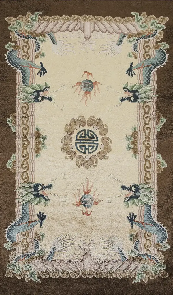 Ivory vintage luxurious silk pile chinese bat and cloud band dragon design rug by rugs on net