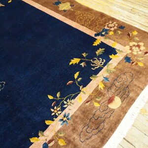 Plush navy rug featuring a colorful bird and floral design, surrounded by a tan border on wood floors.