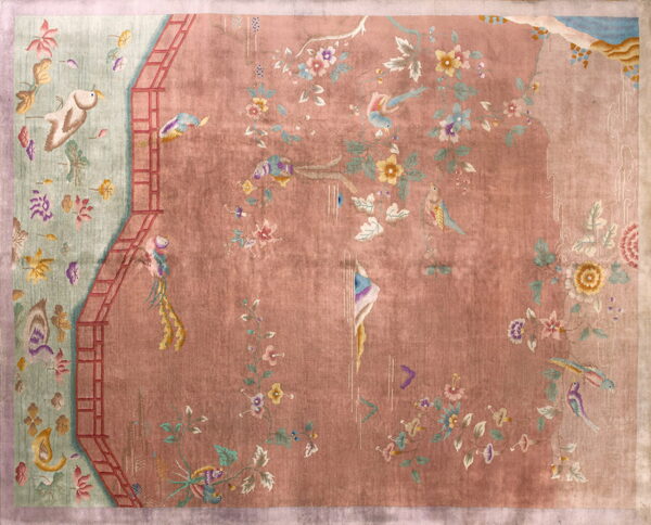 Red knotted antique 1920s room size wool rectangle chinese - art deco rug 1 Muted dusty rose rug with a scenic pattern featuring birds, florals, and a mint green side border.