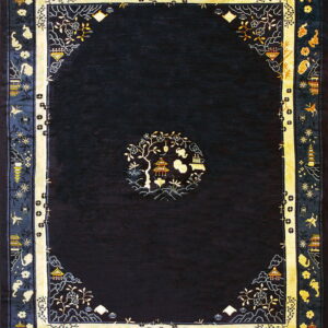 Dark navy high-pile rug with complex yellow and blue Oriental borders and a central pagoda medallion.