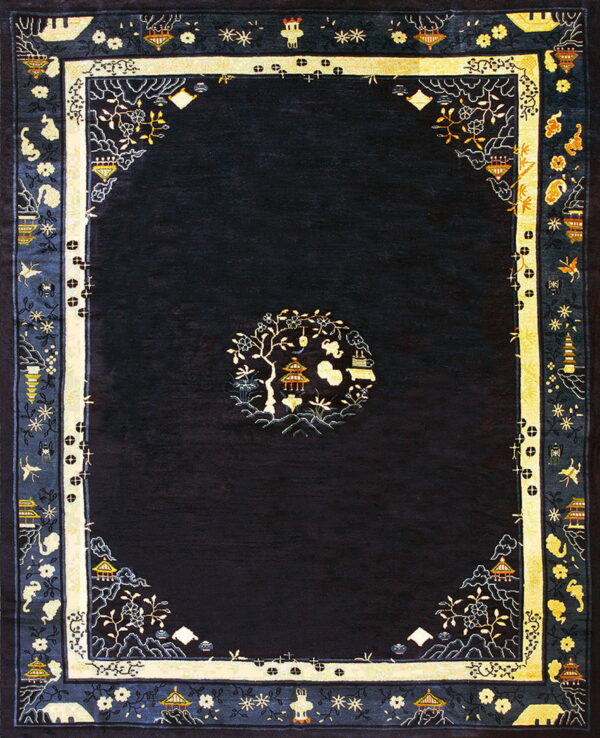 Dark navy high-pile rug with complex yellow and blue oriental borders and a central pagoda medallion.