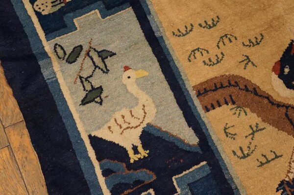 A detailed rug section shows a stylized white goose on a blue field next to tan stylized patterns.