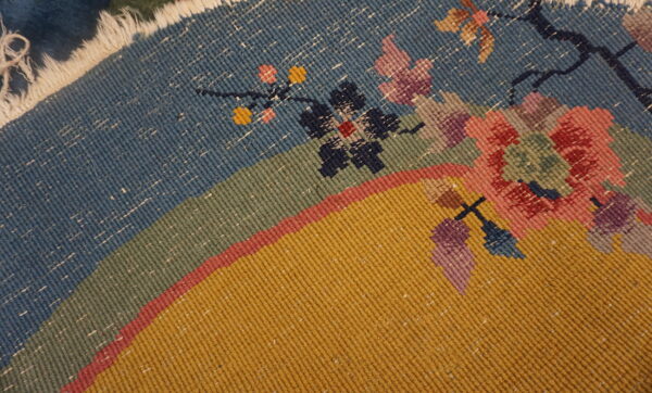 Detailed view of a flat, ribbed weave rug showing segmented blue, green, and gold fields with floral designs.