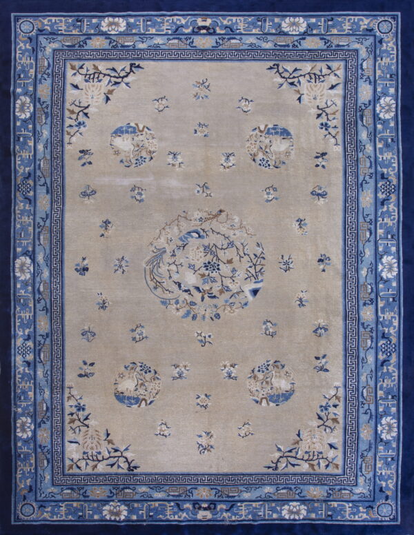 Beige rug with bird and floral medallions, framed by intricate layered borders in shades of blue.