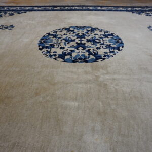 Plush beige rug with dark blue patterns, including a central medallion and detailed border.