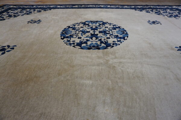 Plush beige rug with dark blue patterns, including a central medallion and detailed border.