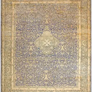 Large Fine Weave Antique Blue Floral Medallion Persian Kerman Rug by Rugs On Net