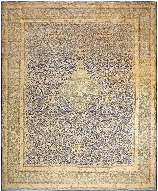 Large fine weave antique blue floral medallion persian kerman rug by rugs on net