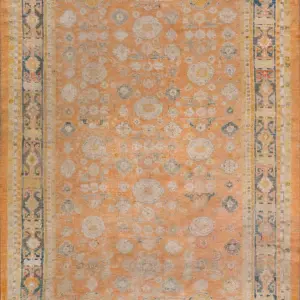 Large Scale Tribal Design Antique Decorative Coral Color Turkish Angora Oushak Rug by Rugs On Net