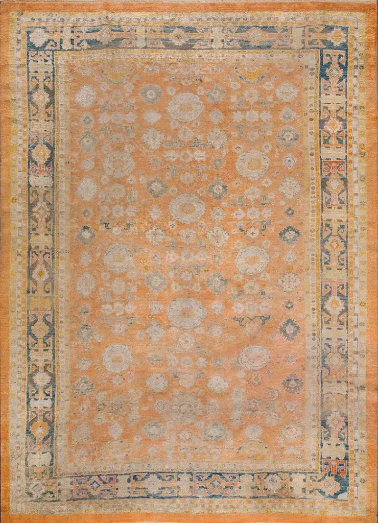 Large Scale Tribal Design Antique Decorative Coral Turkish Angora Oushak Rug
