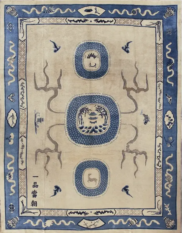 Late 19th century antique artistic ivory chinese peking dragon reindeer bird and koi fish rug by rugs on net