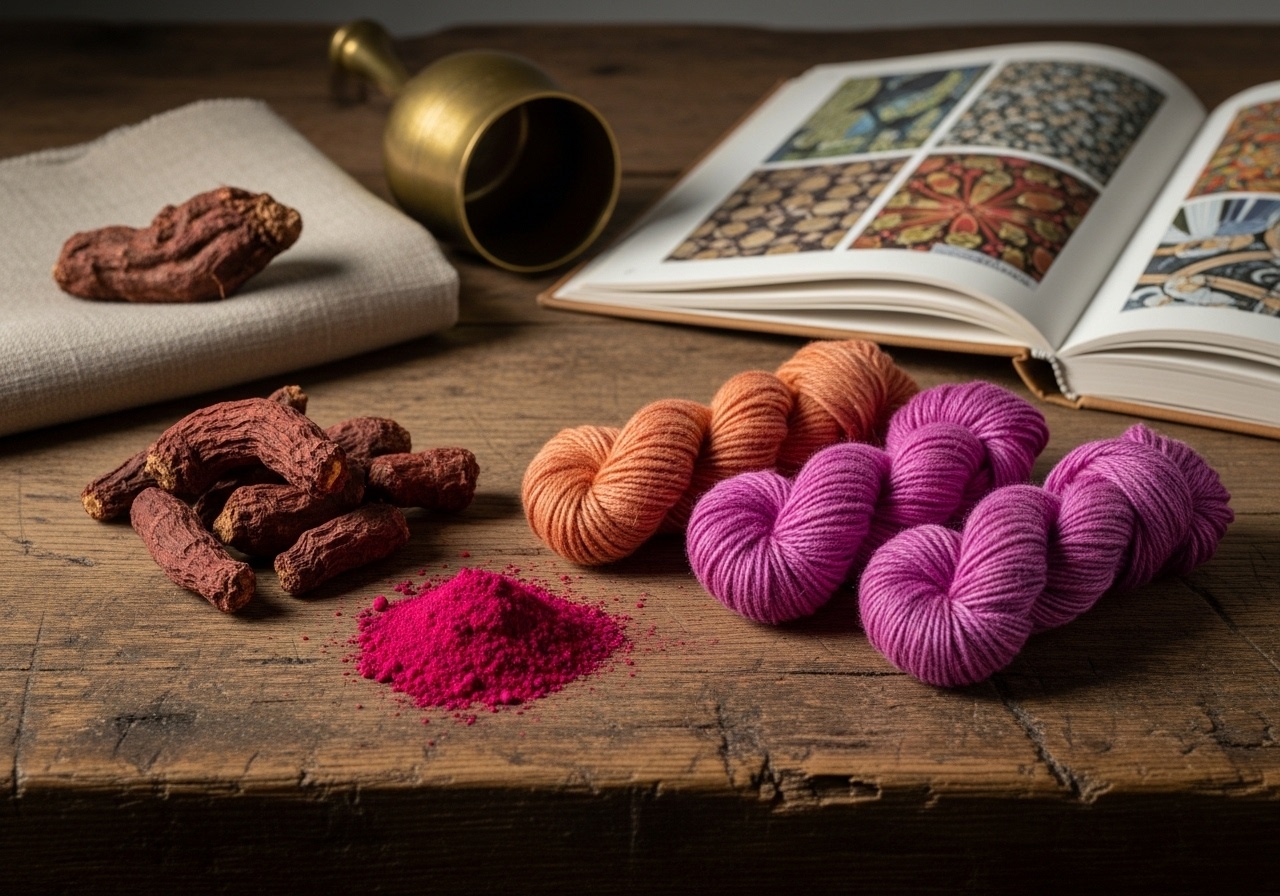 Natural dye materials including madder root and pink powder, alongside salmon and magenta yarn skeins.