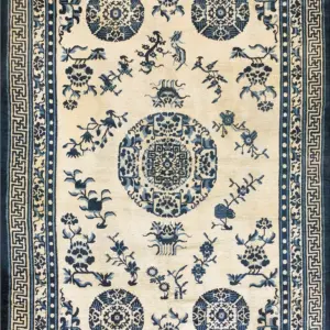 Mid 19th Century Antique White and Blue Color Floral Chinese Ningxia Medallion Rug by Rugs On Net