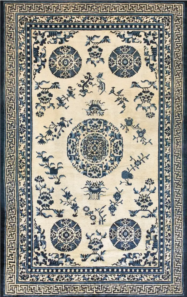 Mid 19th century antique white and blue color floral chinese ningxia medallion rug by rugs on net