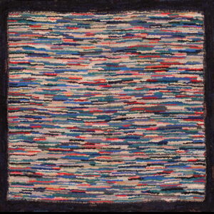 Multi-colored, textured rug with horizontal stripes in blue, red, teal, and beige, framed by a solid dark border.