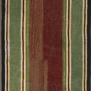 Geometric rug featuring a vertically striped red center framed by wide green borders and a black key pattern.