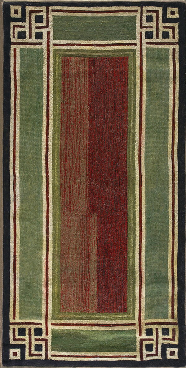 Geometric rug featuring a vertically striped red center framed by wide green borders and a black key pattern.