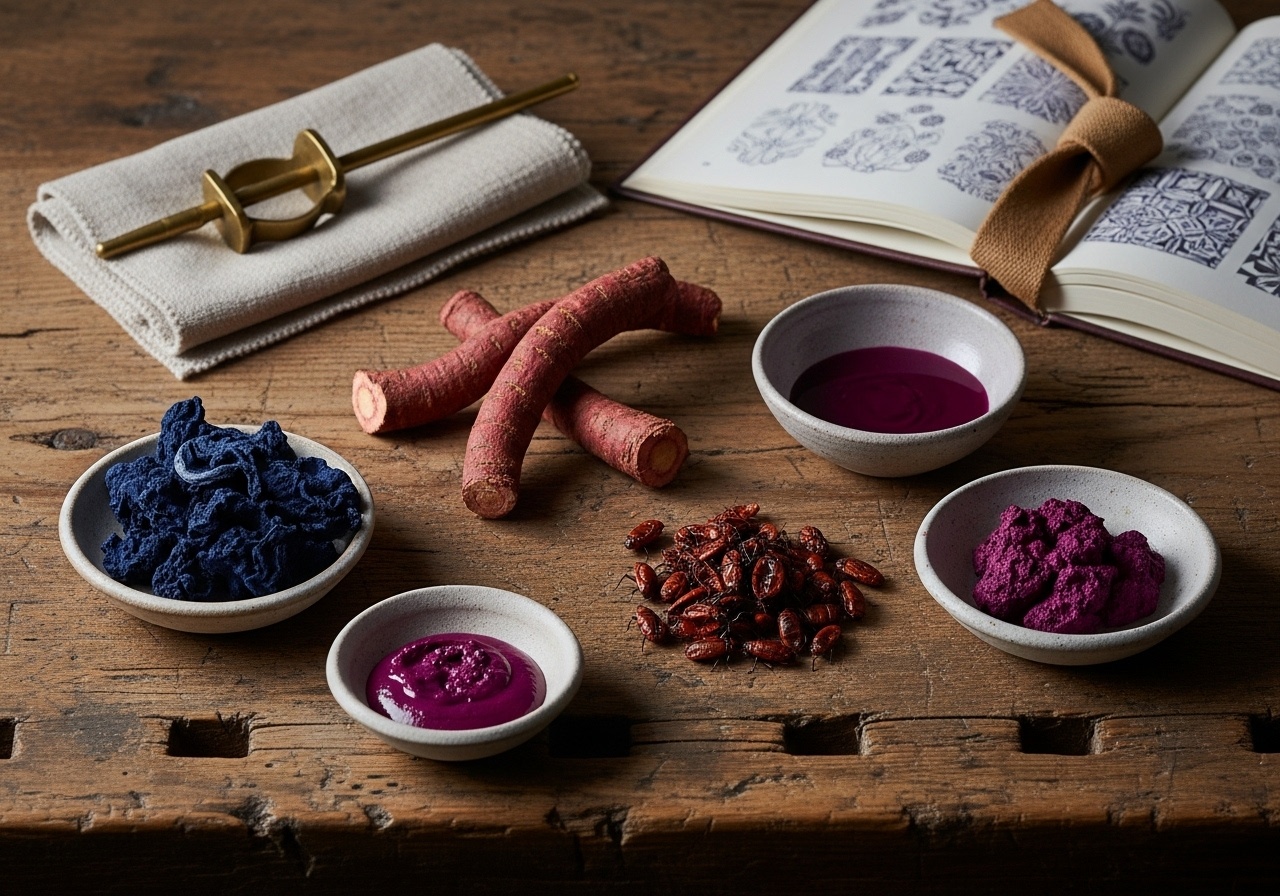 Various natural dye sources including cochineal insects, purple roots, indigo fabric, and bowls of magenta dye paste on a wooden table.