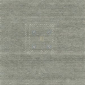 Low-pile dark teal rug featuring a minimal central square design outlined in small white and colored dots.