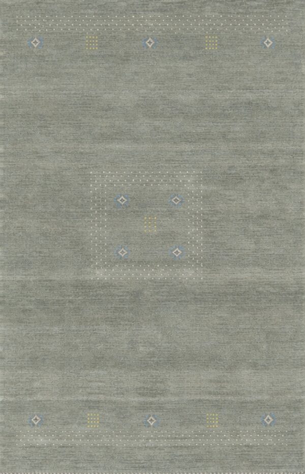 Low-pile dark teal rug featuring a minimal central square design outlined in small white and colored dots.