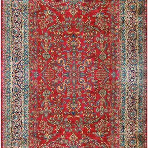 Vibrant red Persian knotted rug.