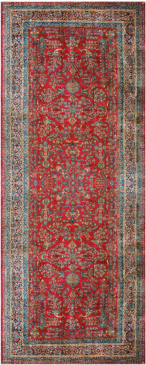 Vibrant red persian knotted rug.