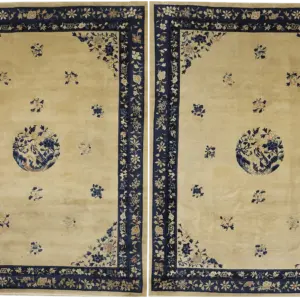 Pair Of Cream Color Room Size Antique Chinese Peking Floral Bird Design Medallion Rugs by Rugs On Net