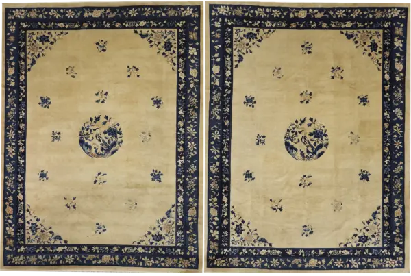 Pair of cream color room size antique chinese peking floral bird design medallion rugs by rugs on net
