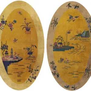 Pair Of Yellow Gold Color Antique Chinese Art Deco Small Scatter Size Scenic Oval Rugs by Rugs On Net