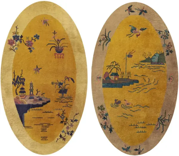 Pair of yellow gold color antique chinese art deco small scatter size scenic oval rugs by rugs on net
