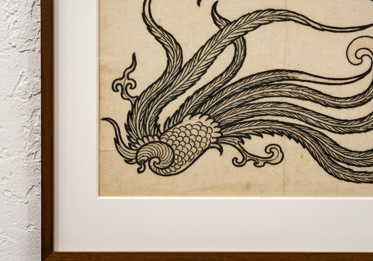 Framed black ink drawing of a stylized phoenix figure. The mythical bird features a scaled body and intricate, flowing tail feathers.