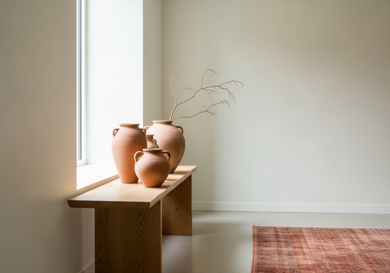 Three terracotta urns sit on a wooden bench next to a window, complementing the neutral walls and the rust-colored area rug.