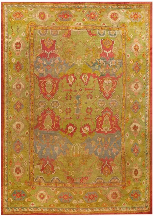 Primitive tribal large scale arts and crafts design antique green turkish oushak rug by rugs on net