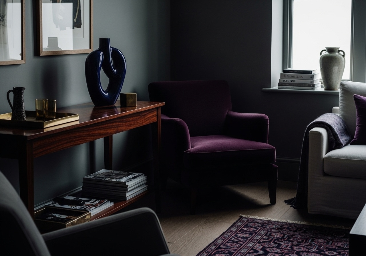 Moody interior design with dark walls, a purple velvet chair, and a traditional area rug showing deep purple and maroon colors.