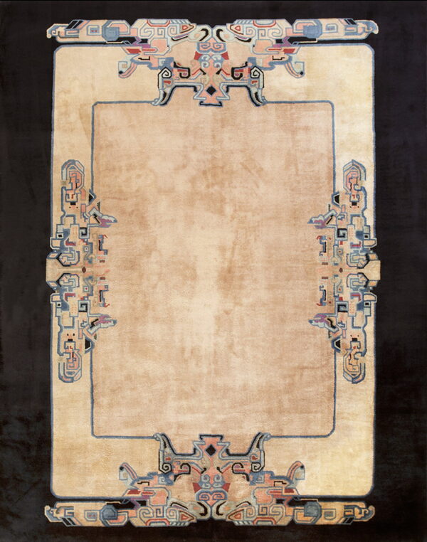 A beige high-pile rug features a plain center and complex stylized blue and pink art deco borders.