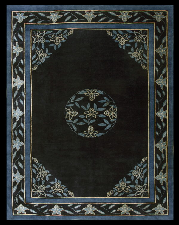 Plush, dark-field rug featuring blue borders and stylized light blue floral designs with a central motif.