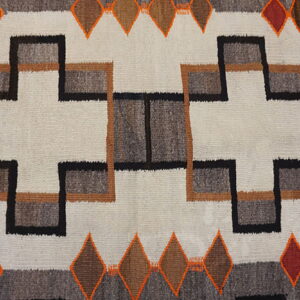 Geometric rug pattern featuring cream fields and interlocking shapes in black, brown, grey, and orange.