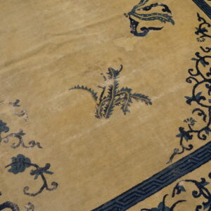 Close-up of a tan low-pile rug featuring dark blue floral and scrollwork designs with a geometric inner border.
