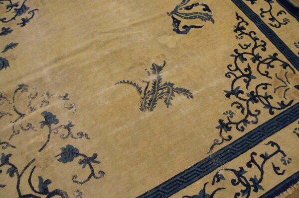 Close-up of a tan low-pile rug featuring dark blue floral and scrollwork designs with a geometric inner border.