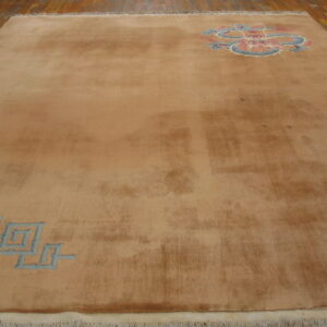 Camel-colored rug with blue geometric and multicolored dragon motifs rests on polished wood floor.