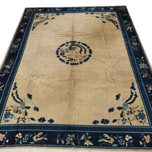 Beige field rug with dark blue borders featuring elaborate floral, vine, and bird motifs.