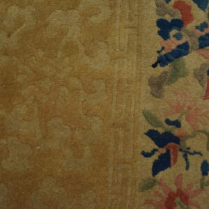 Gold carved rug texture with a colorful floral border featuring blue, pink, and green accents.