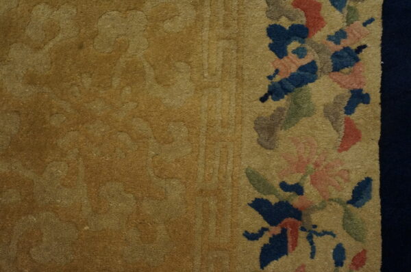 Close-up of a tan rug showing an embossed field texture and a border with blue, pink, and green flowers.