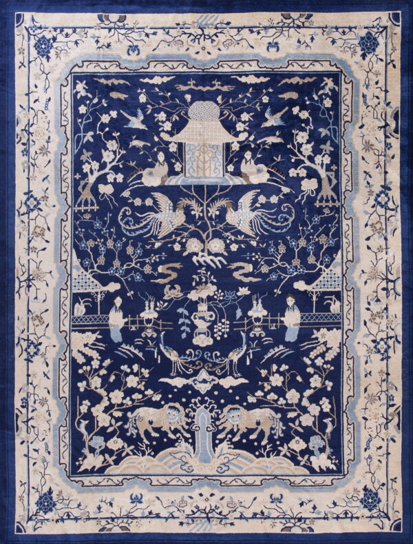 Deep blue rug with an intricate cream and light blue pictorial pattern of figures, birds, pagodas, and flowering vines.