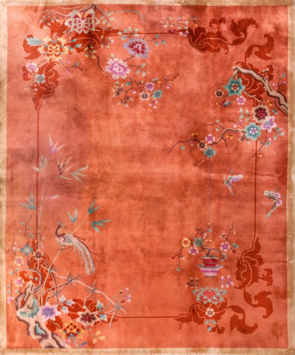 Hand knotted pile wool chinese art deco floral antique 1920s rug