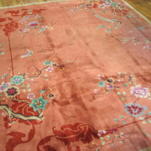 Plush, shaded salmon rug featuring detailed botanical, bird, and butterfly designs over wooden floorboards.