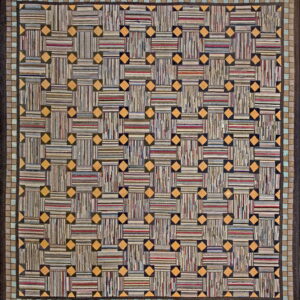 Multi-color striped rug with a chunky basketweave pattern, featuring orange diamonds and a checkered tile border.