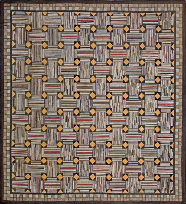 Multi-color striped rug with a chunky basketweave pattern, featuring orange diamonds and a checkered tile border.