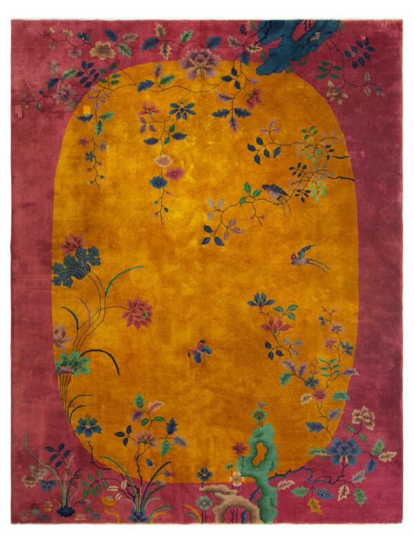 Room size knotted 1920s rectangle wool yellow chinese - art deco antique rug